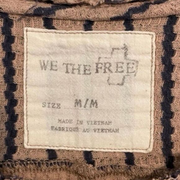 Free People Auntie Em Peplum Thermal Top Tan Brown Blue Striped Knit M - Picture 6 of 8